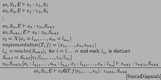 \begin{displaymath}
\frac{\begin{array}{l}
so,S_1,E\vdash e_1 : v_1,S_2\\
so,...
..._1,\ldots,e_n) : v_{n+1},S_{n+4}}\eqno
\mbox{[StaticDispatch]}
\end{displaymath}