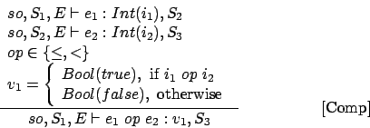 \begin{displaymath}
\frac{\begin{array}{l}
so,S_1,E\vdash e_1 : Int(i_1),S_2\\ ...
...ay}}{so,S_1,E\vdash e_1\ op\ e_2 : v_1,S_3}\eqno
\mbox{[Comp]}
\end{displaymath}