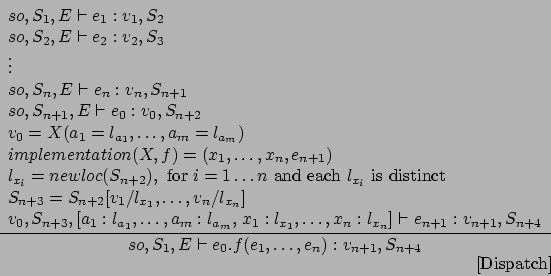 \begin{displaymath}
\frac{\begin{array}{l}
so,S_1,E\vdash e_1 : v_1,S_2\\
so,...
..._0.f(e_1,\ldots,e_n) : v_{n+1},S_{n+4}}\eqno
\mbox{[Dispatch]}
\end{displaymath}