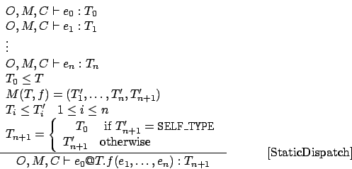 \begin{displaymath}
\frac{
\begin{array}{l}
O,M,C \vdash e_0 : T_0 \\
O,M,C \vd...
...e_0@T.f(e_1,\ldots,e_n) : T_{n+1}}\eqno\mbox{[StaticDispatch]}
\end{displaymath}